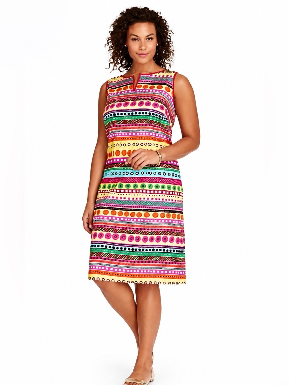 Talbots Colorful Striped Floral Geometric Print Sleeveless Textured Shift Dress